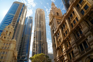 Skyline of Sydney With Tall Buildings, Illustrate the contrast between the historic architecture of the Loop and the modern skyscrapers of the Gold Coast