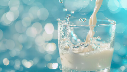 milk pouring into glass on blur pastel blue background, macro
