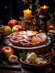 A apple pie on a table, a food photography