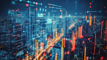 Obraz premium Smart digital city with connection network that is at the cutting edge of innovation in technology and business with bright, modern skyscrapers. Backgrounds for technology and charts and graphs
