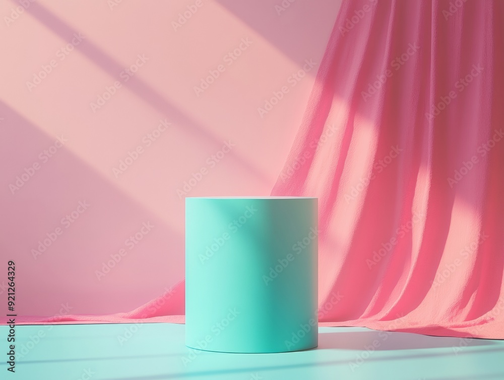 Poster minimalist neon blue cylindrical podium on soft pink background with subtle textures and shadows, id
