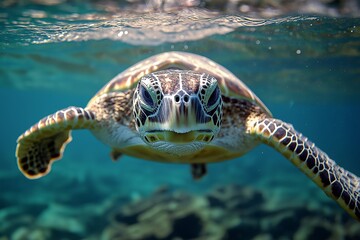 Obraz premium A vibrant underwater scene showcasing a close-up of a sea turtle swimming gracefully in clear blue water.
