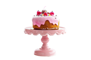 Pink Cake rests on a Cake Stand Isolated on Transparent Background.