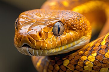 Fototapeta premium A detailed close-up of a golden snake, highlighting the intricate texture and pattern of its skin in a striking manner.