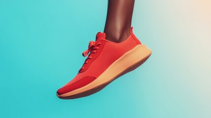 Naklejka premium Advertising Mockup of Young Womans Dark Skin Hand Presenting Vibrant Red Athletic Shoe Against Pastel Blue Background, Minimalist Aesthetic, Soft Natural Lighting, Daytime