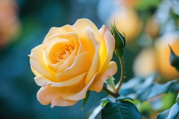 A vibrant yellow rose blooms in close-up, capturing the delicate petals against a blurred leafy background. - Powered by Adobe