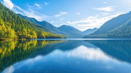 The calm waters of a lake at Jiuzhaigou National Park, reflecting the lush, vibrant landscape and clear blue sky.