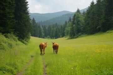 Naklejka premium Two cows stroll peacefully into a verdant meadow, surrounded by dense forest and mountains in the background.