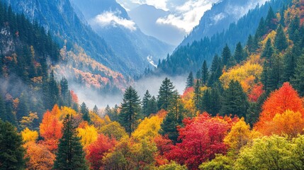 The colorful autumn landscape of Jiuzhaigou Valley, with red, orange, and yellow leaves contrasting against the deep green of the pine trees.