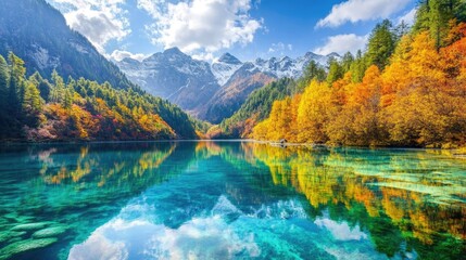 The crystal-clear waters of a lake at Jiuzhaigou National Park, reflecting vibrant autumn foliage and snow-capped mountains.