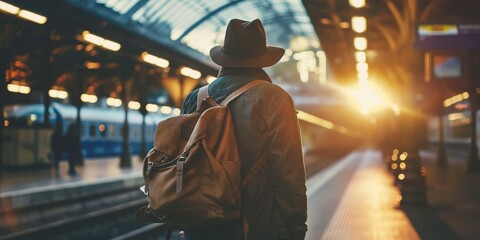Obraz premium A lone traveler with a backpack stands on an empty station platform bathed in early morning sunlight.