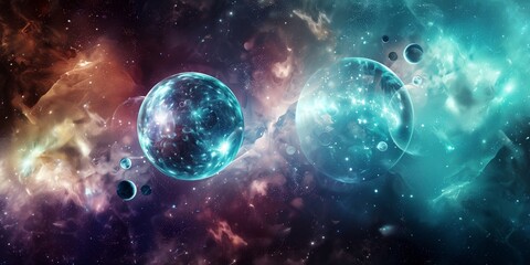 Fototapeta premium Abstract background with spherical elements and cosmic landscape, star nebulas, dark and bright colors, mystical atmosphere.