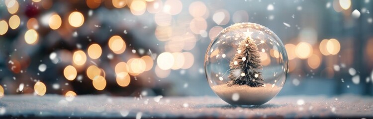 Enchanted Christmas Tree Inside Snow Globe With Warm Bokeh Lights