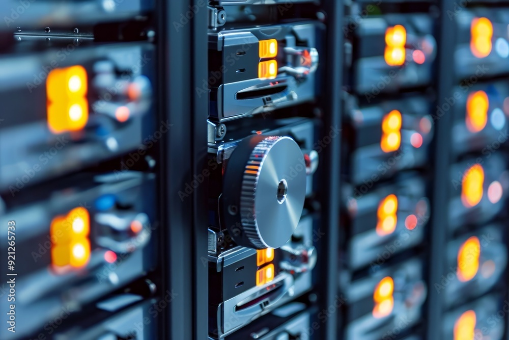 Poster detailed view of a server within a busy data center, highlighting its intricate components and techn