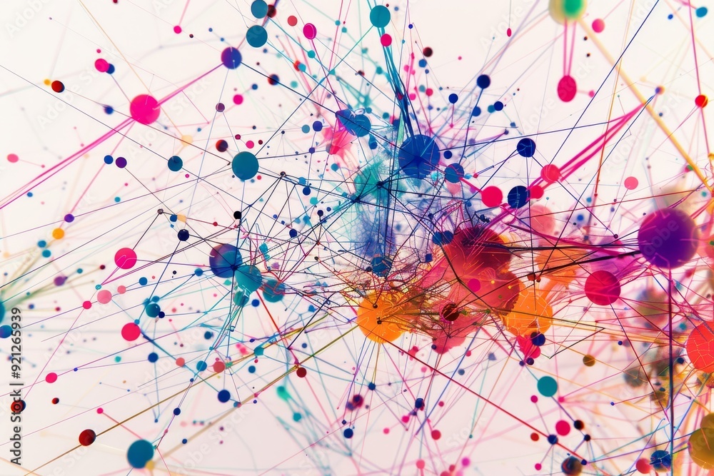 Poster a vibrant network of interconnected dots on a white background, illustrating data flow and connectiv
