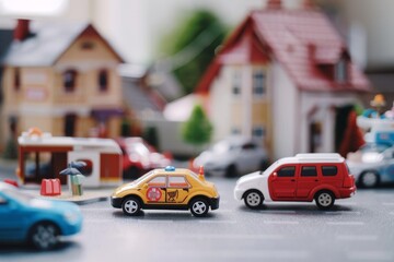 Several miniature toy cars are parked neatly in a row on a city street, Illustrate the interconnectedness of different types of insurance in keeping individuals and communities safe