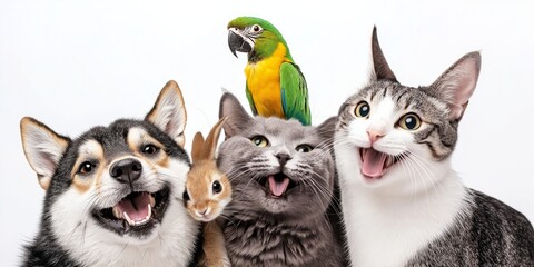 A Delightful Group of Pets A Charming Cat, Playful Dog, Adorable Rabbit, and Colorful Parrot Living Together in Harmony, Creating a Loving Atmosphere in Their Shared Home and Environment