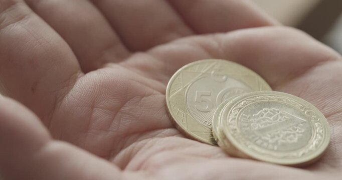 Counting coins in the palm of hand