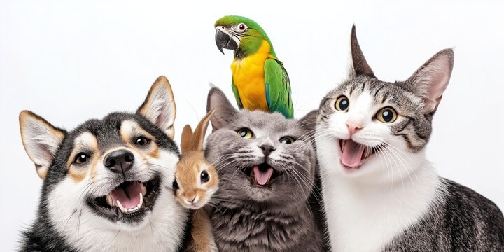 A Delightful Group of Pets A Charming Cat, Playful Dog, Adorable Rabbit, and Colorful Parrot Living Together in Harmony, Creating a Loving Atmosphere in Their Shared Home and Environment