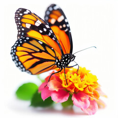 Fototapeta premium Beautiful monarch butterfly perched on a vibrant flower, captured in bright daylight, highlighting its delicate wings and vivid colors.