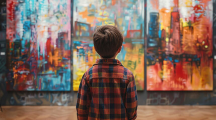 Obraz premium A child looks at paintings at a contemporary art exhibition in an art gallery. Rear view.