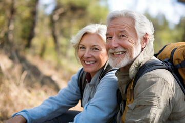 Elderly Couple Hiking in Nature, Smiling and Enjoying Outdoor Adventure