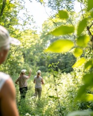 Fototapeta premium Diverse Group on Guided Forest Tour Learning About Local Ecosystem, Daytime, Natural Attire, Engaging with Nature in Lush Summer Forest