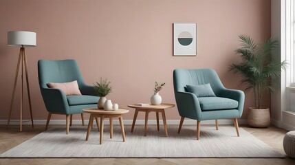 Modern living room with sofa, chair and wooden sideboard and other interior accessories design, ai generated interior image template.