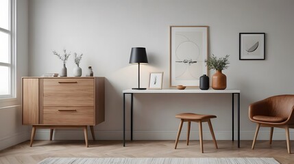 Modern living room with sofa, chair and wooden sideboard and other interior accessories design, ai generated interior image template.
