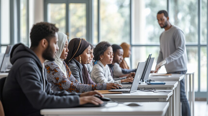 Diverse Adult Students Engaged in Computer Class with Instructor