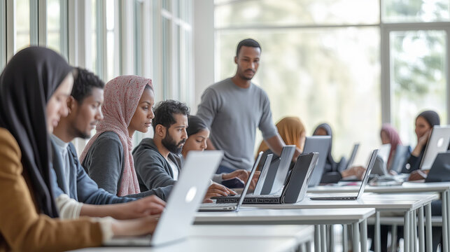Diverse Group of Students Engaged in a Modern Classroom with Technology