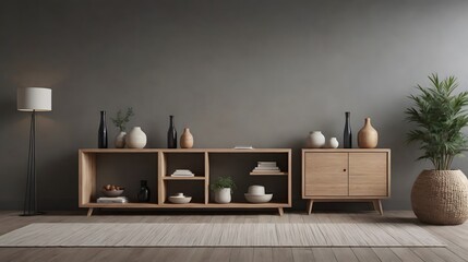 Modern living room with sofa, chair and wooden sideboard and other interior accessories design, ai generated interior image template.