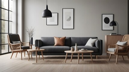 Modern living room with sofa, chair and wooden sideboard and other interior accessories design, ai generated interior image template.