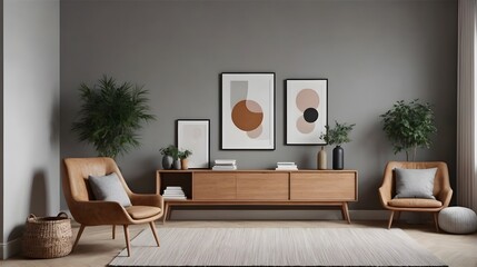 High resolution stylish living room interior design template, ai generated interior image.