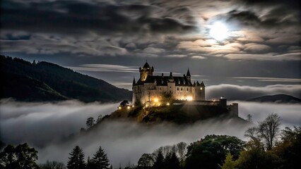 Naklejka premium A majestic medieval castle perched atop a misty mountain, illuminated by the full moon.