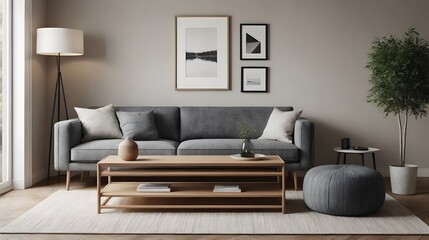 High resolution modern living room with grey color sofa and other suitable furniture interior design template, ai generated interior image.