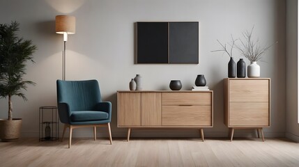 High resolution stylish living room interior design with empty television screen template, ai generated tv unit mock up interior image.