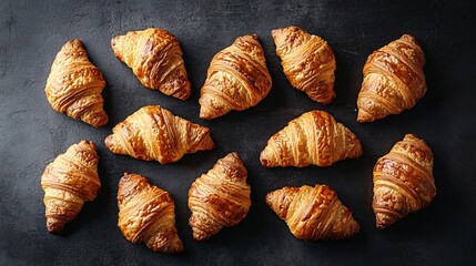 Fototapeta premium A collection of golden-brown croissants with flaky layers, arranged on a dark charcoal concrete background, creating a warm contrast