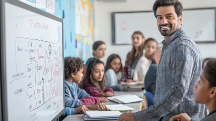 Fototapeta premium Smiling Male Teacher Engaging with Students in Modern Classroom