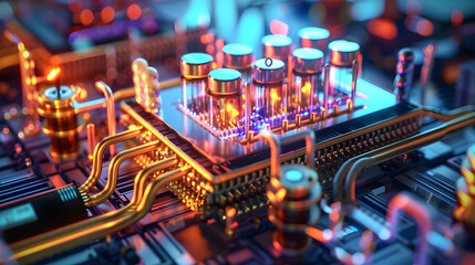 3D Illustration of a Circuit Board with Glowing Vacuum Tubes