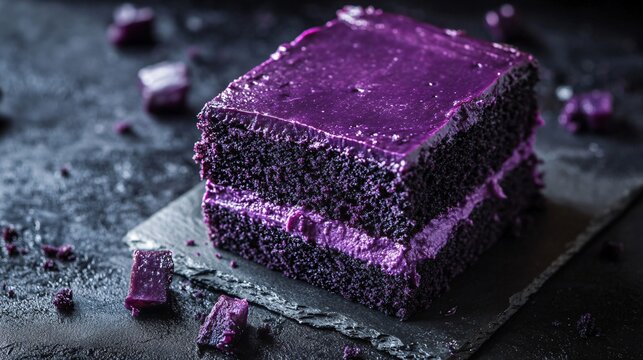A glossy, deep purple ube cake slice with cream filling, resting on a dark charcoal concrete surface, with a few ube pieces scattered around