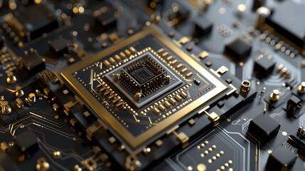 Fototapeta premium Golden Processor Chip on Black Circuit Board 3D Illustration