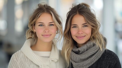 Obraz premium Two Young Women Smiling Together in Cozy Sweaters Indoors on a Bright Day