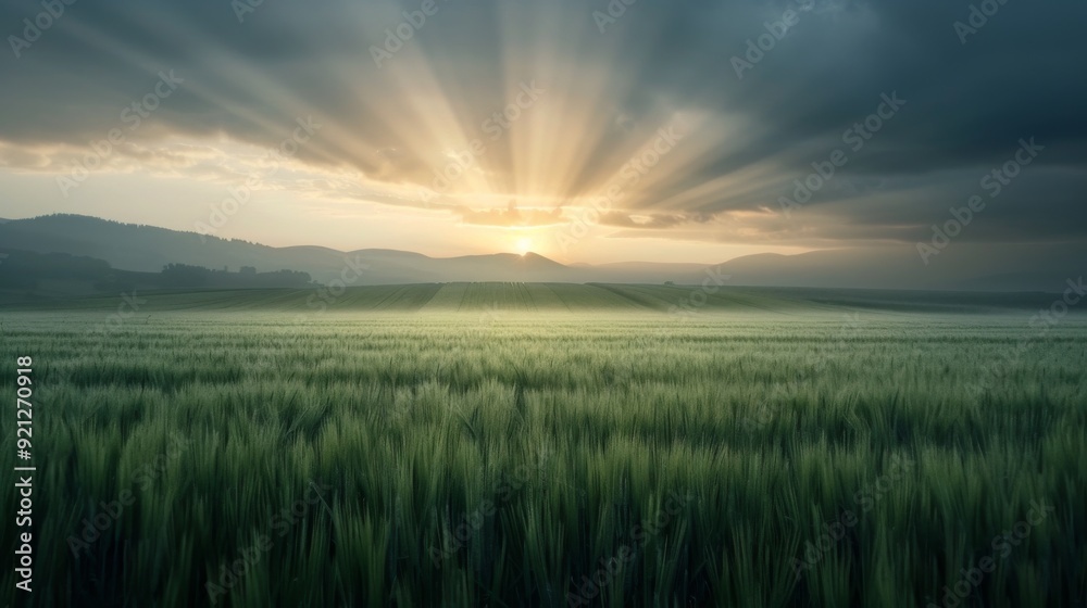 Canvas Prints Sunrise Over Rolling Hills With Rays Illuminating Golden Fields