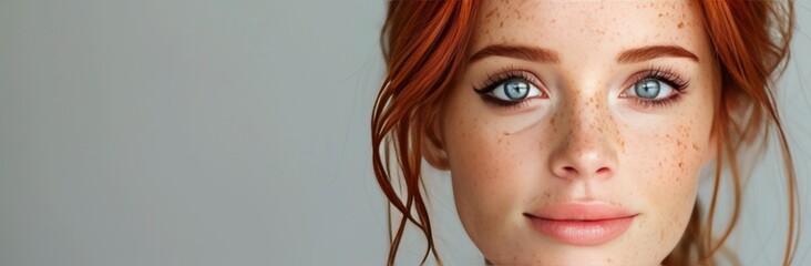 Obraz premium Young Woman With Freckles and Red Hair Posing Against a Neutral Background