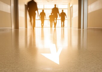 Diverse Group of Adults Evacuating Through Emergency Exit During Fire Drill in Office Building, Morning Light, Urgent and Focused Mood, Arrow Floor Marking, Casual Attire