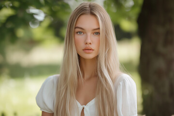 Naklejka premium A young woman with long blonde hair standing outdoors, looking serene and peaceful, symbolizing natural beauty and tranquility in a green, lush environment.