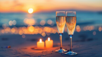 Romantic Sunset Toast With Champagne Glasses on the Beach