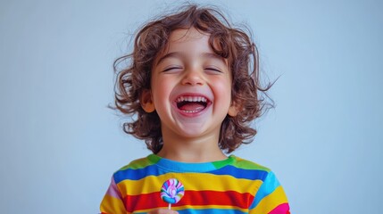 Happy curly haired kid in rainbow shirt with lollipop, joyful expression