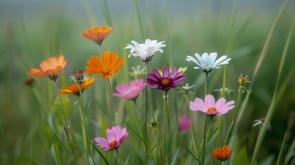 Fototapeta premium Colorful Wildflowers Blooming in Meadow During Early Morning Light